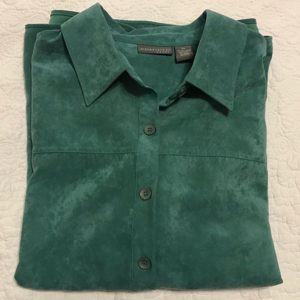 Relativity Teal Sueded Polyester Button Down Coll… - image 1
